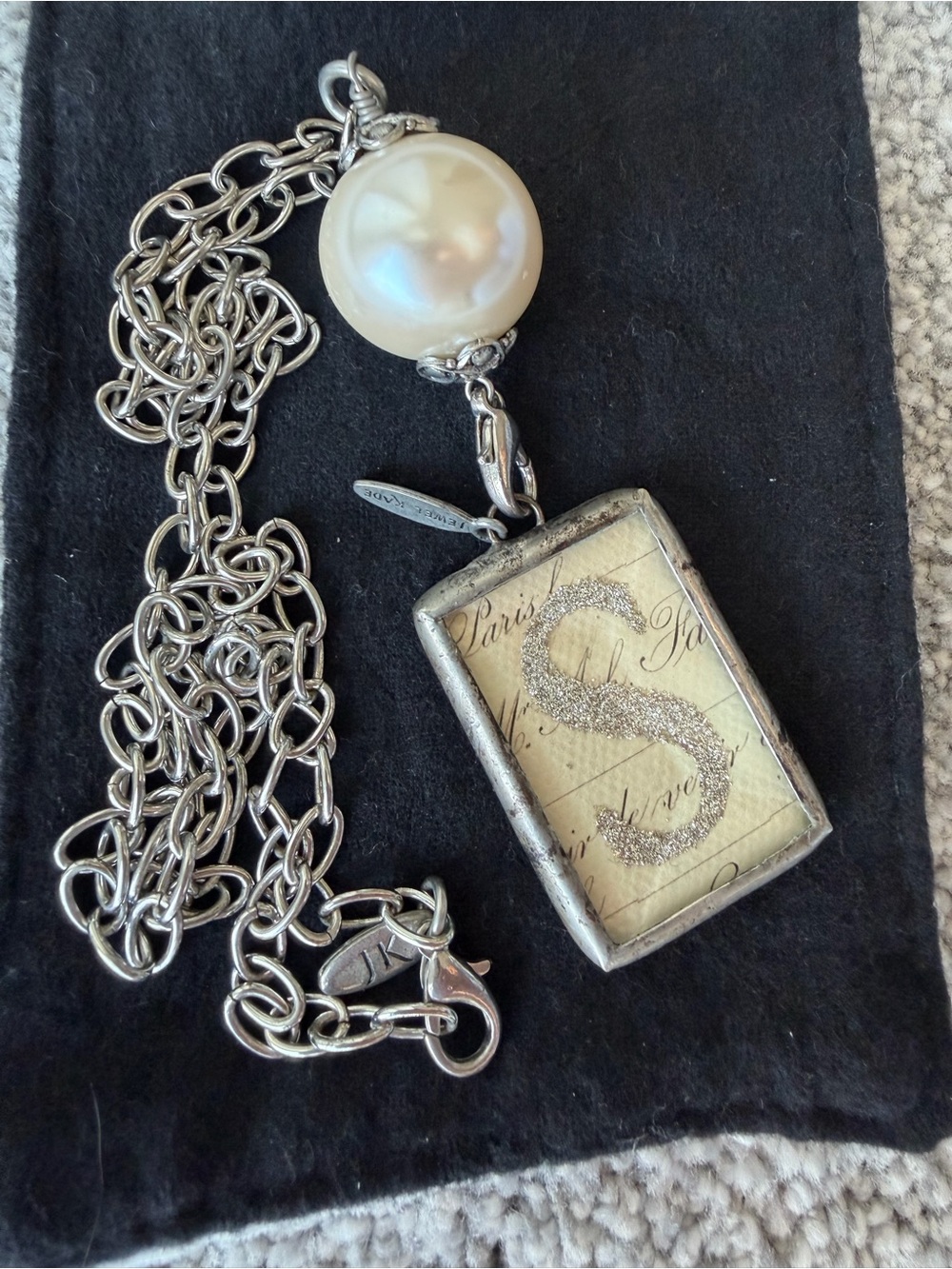 Jewel Kade Silver-Tone 'S' Initial Charm and Necklace with Cream Pearl Accent